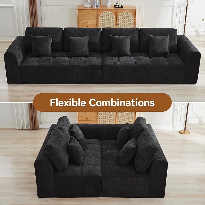 140''Modular Sectional Couches for Living Room, Cloud Boneless Compressed Sectional Sofa, Oversized 4 Seater Upholstered Memory Foam Sofa, No Assembly, Chenille Black
