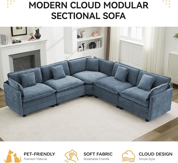 113'' V Shaped Cloud Sectional Sofa, Oversized Deep Seat Couches for Living Room, Chenille Comfy Upholstered Modular Sectional Sofa Couch,Blue