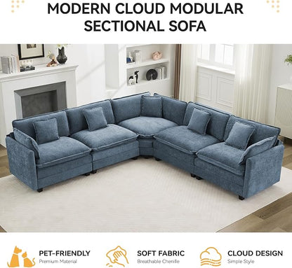 113'' V Shaped Cloud Sectional Sofa, Oversized Deep Seat Couches for Living Room, Chenille Comfy Upholstered Modular Sectional Sofa Couch,Blue