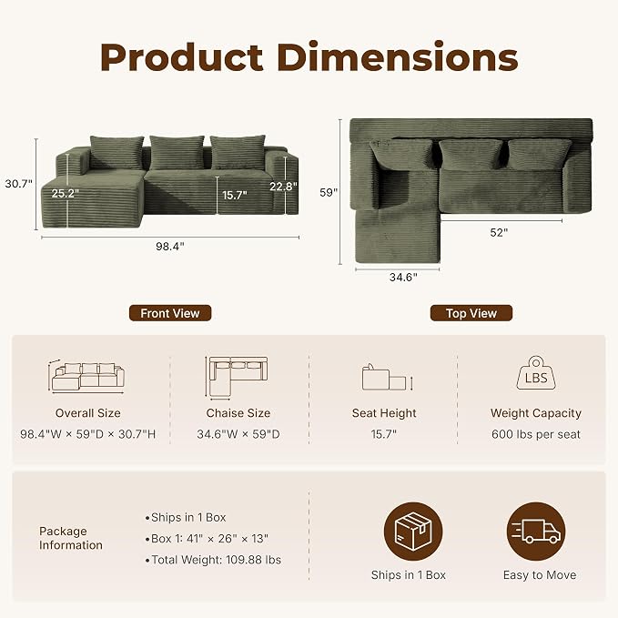 Modular Sectional L-Shaped Sofa with Deep Seat, Modern Boneless Comfy Corduroy Fluffy Couch with Side Pockets and Anti-Slip & Floor-Friendly Bottom for Living Room, No Assembly, Green