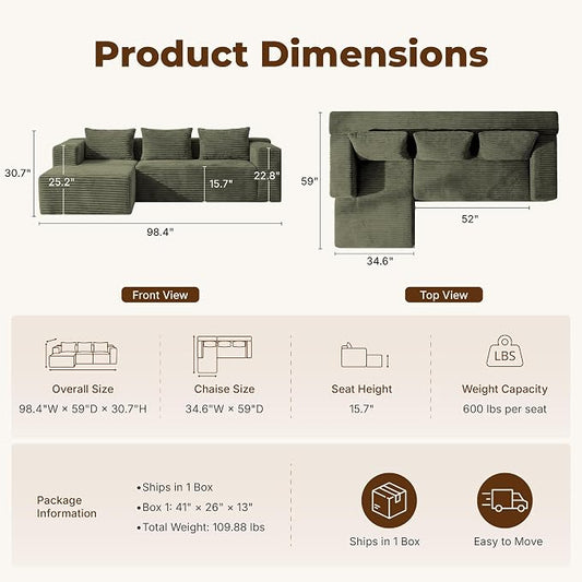 Modular Sectional L-Shaped Sofa with Deep Seat, Modern Boneless Comfy Corduroy Fluffy Couch with Side Pockets and Anti-Slip & Floor-Friendly Bottom for Living Room, No Assembly, Green