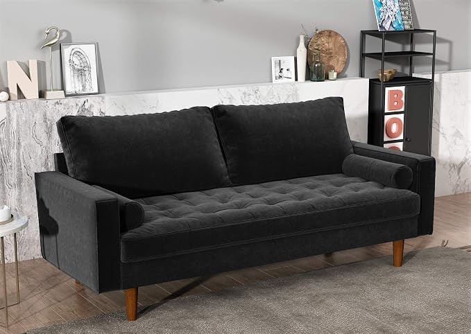 Container Furniture Direct Womble Mid Century Modern Velvet Upholstered Tufted Seat with Bolster Pillows, Sofa, Black