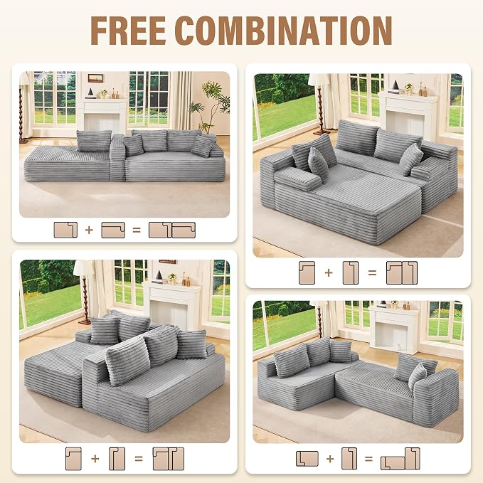 Hobestluk Boneless Couch Modular Sectional Sofa L-Shape Oversized Chaise | 108" Left Facing Chaise Pale Gray,Memory Foam,Removable Cover,Non-slip Bottom,No Assemble Required,Living Room Furniture