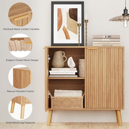 Set of 4 Fluted Storage Cabinet, Buffet Cabinet with Storage, Wood Sideboard with Adjustable Shelf, Modern Accent Cabinet & Console Table for Entryway, Living Room, Dining Room, Natural