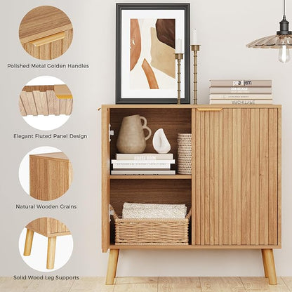 Set of 2 Fluted Storage Cabinet, Buffet Cabinet with Storage, Wood Sideboard with Adjustable Shelf, Modern Accent Cabinet & Console Table for Entryway, Living Room, Dining Room, Natural