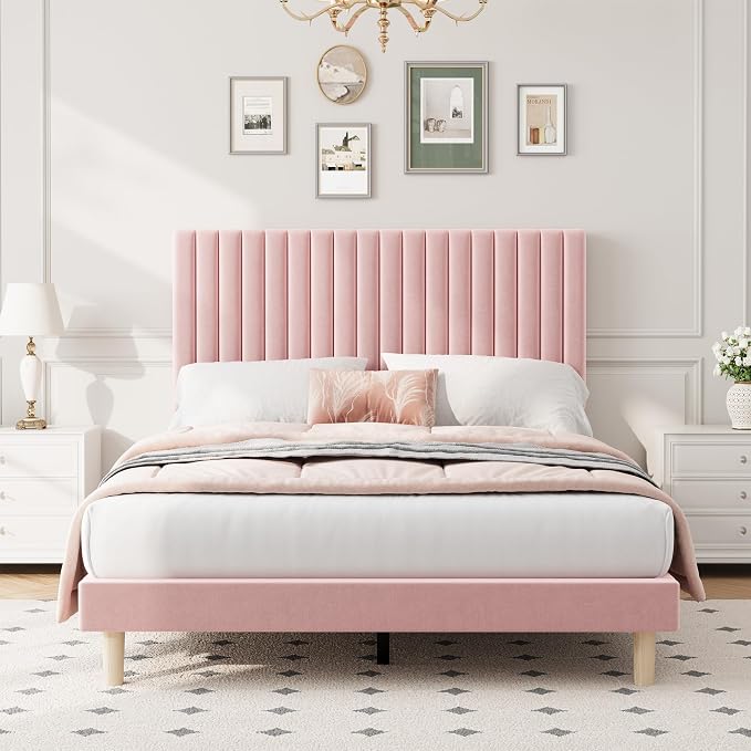 IDEALHOUSE Full Bed Frame with Adjustable Headboard, Velvet Upholstered Platform Bed Frame Full Size, Strong Wooden Slats, No Box Spring Needed, Easy Assembly, Pink