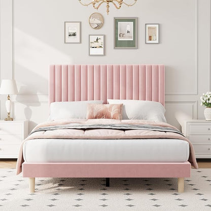 IDEALHOUSE Full Bed Frame with Adjustable Headboard, Velvet Upholstered Platform Bed Frame Full Size, Strong Wooden Slats, No Box Spring Needed, Easy Assembly, Pink