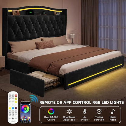 YITAHOME King Size Bed Frame with 4 Storage Drawers and RGB LED Lights, 57'' Tall Headboard Velvet Upholstered Bed with Charging Station, No Box Spring Needed, Easy Assembly, Noise-Free, Black