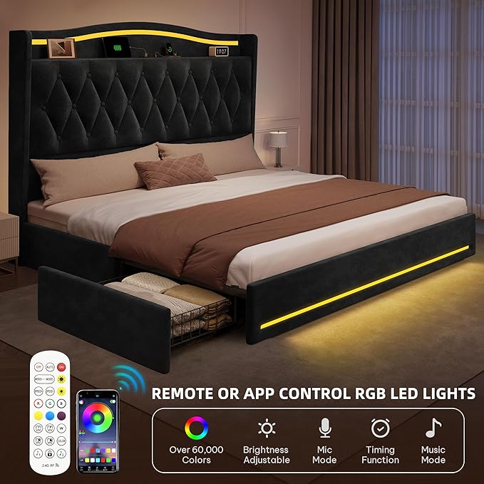 DWVO King Size Bed Frame with 4 Storage Drawers and RGB LED Lights, 57'' Tall Headboard Velvet Upholstered Bed with Charging Station, No Box Spring Needed, Easy Assembly, Noise-Free, Black