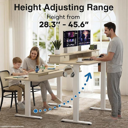 Veken 47x28 in Electric Standing Desk with Drawers, Adjustable Table, Wood | Stand up Computer Desk for Home Office, Work & Study, with Storage, 3 Memory Presets, Cable Organizer, Hook, and Quiet Lift.