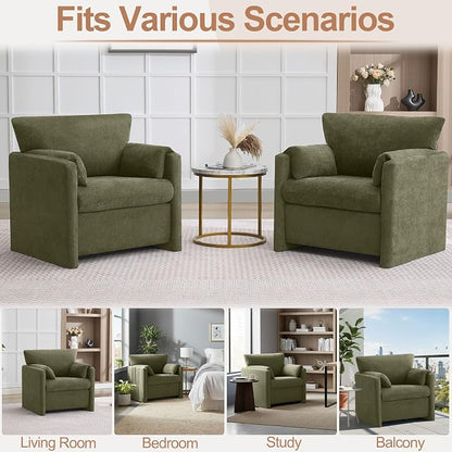 Oversized Accent Chair for Living Room, 32.68" Large Modern Armchair with Deep Seat, Mid-Century Comfy Reading Chair with Padded Arms, Chenille Single Sofa Chairs for Bedroom, Green