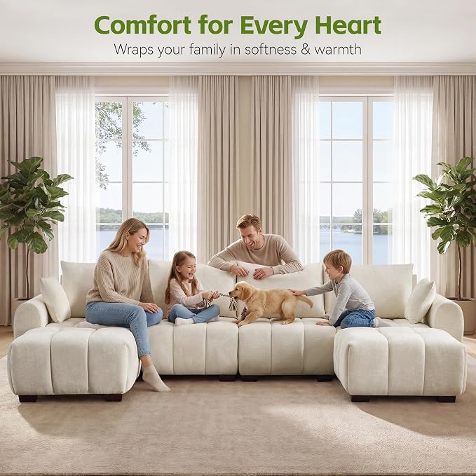 143" Oversized U Shaped Cloud Modular Sectional Sofa, Modern Chenille Upholstered 6 Seater Couch with 2 Removable Ottomans, Tufted Deep Seat & Wood Legs, Large Beige Sectional Couches for Living Room
