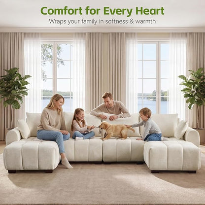 143" Oversized U Shaped Cloud Modular Sectional Sofa, Modern Chenille Upholstered 6 Seater Couch with 2 Removable Ottomans, Tufted Deep Seat & Wood Legs, Large Beige Sectional Couches for Living Room