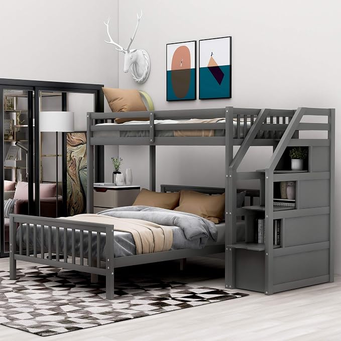 MERITLINE Twin Over Full L Shaped Bunk Beds with Stairs and Storage, Solid Wood Convertible Bunk Loft Beds with Storage Staircase and Guardrail, No Box Spring Needed (Twin Over Full,Grey)