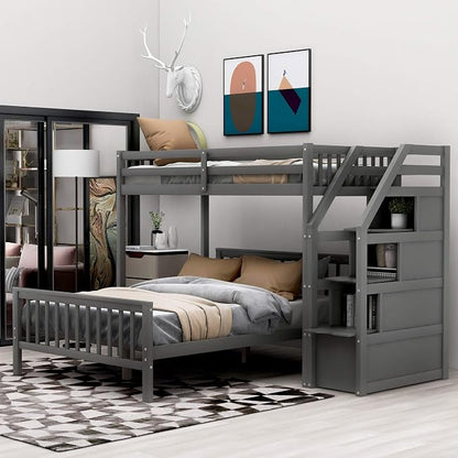 MERITLINE Twin Over Full L Shaped Bunk Beds with Stairs and Storage, Solid Wood Convertible Bunk Loft Beds with Storage Staircase and Guardrail, No Box Spring Needed (Twin Over Full,Grey)