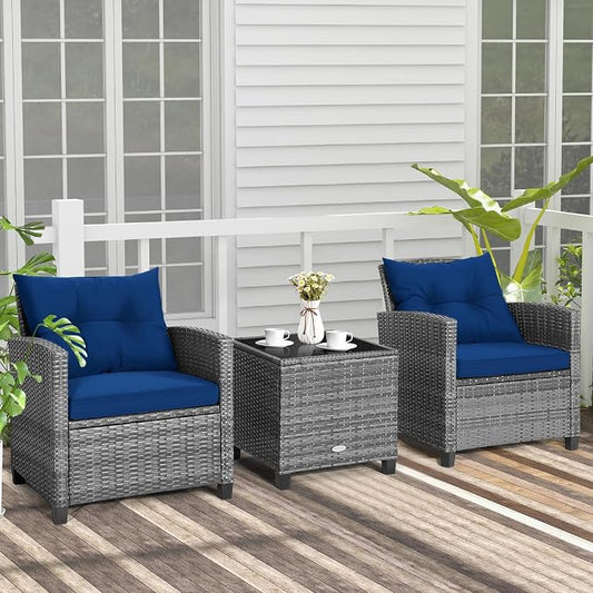 COSTWAY 3-Piece Patio Furniture Set, Outdoor Wicker Rattan Sofa with Cushions, Coffee Table with Tempered Glass, Conversation Sofa Set for Poolside Backyard Balcony (Navy)