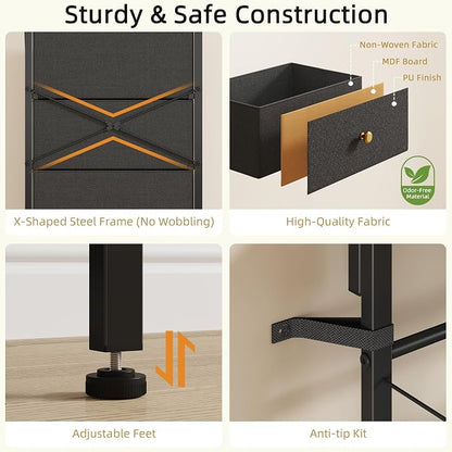 HIGDBFE 4-Drawer Dresser with Mirror, Vanity with 2-Tier Shelves, Fabric Chest of Drawers for Small Space, Vertical Storage Cabinet for Bedroom, Nightstand Bedside Table Furniture, Black, 15.3" W