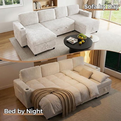 Modular Sectional Sleeper Sofa with Pull Out Bed, Plush Corduroy U Shaped Couch with Storage Chaise, USB Ports, Cup Holders, Comfy Sectional Couches for Living Room, Beige