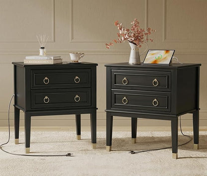 Huuger 27.6 Inch Tall Nightstand with Charging Station, USB-C Port, Larger Night Stand Set of 2, Bedside Table with 2 Drawers, 11.4 Inch Raised Legs, Side Tables End Tables, for Bedroom, Black