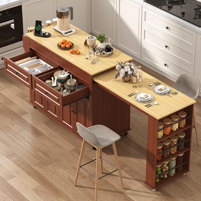 80"-48" Extendable Kitchen Island with Extended Dining Table and Power Outlet,Large Mobile Kitchen Storage Islands with 2 Storage Drawers,Rolling Islands Cart with 3 Extra Rows Open Shelves(Brown)