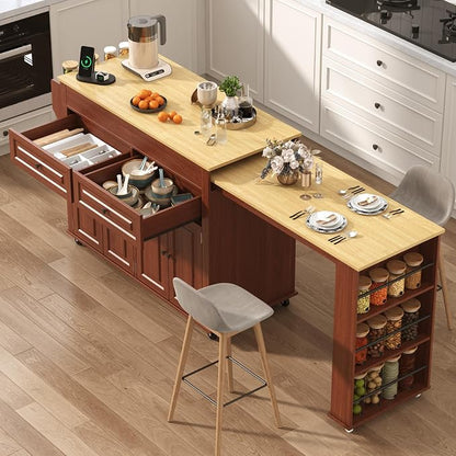 80"-48" Extendable Kitchen Island with Extended Dining Table and Power Outlet,Large Mobile Kitchen Storage Islands with 2 Storage Drawers,Rolling Islands Cart with 3 Extra Rows Open Shelves(Brown)