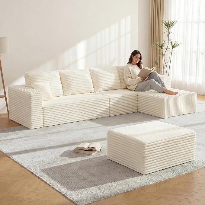 118" U-Shaped Modular Sectional Sofa Set,Soft Corduroy Cloud Couch with Chaise & Ottoman,Deep Seat Boneless Couches for Living Room,No-Assembly - Beige (Left Facing Chaise)