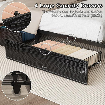 VINGLI Queen Platform Bed Frame with 4 Storage Drawers and Adjustable Headboard Shelf, Metal Bed with Charging Station and LED Lights, No Box Spring Needed, Noise Free, Easy Assembly, Black
