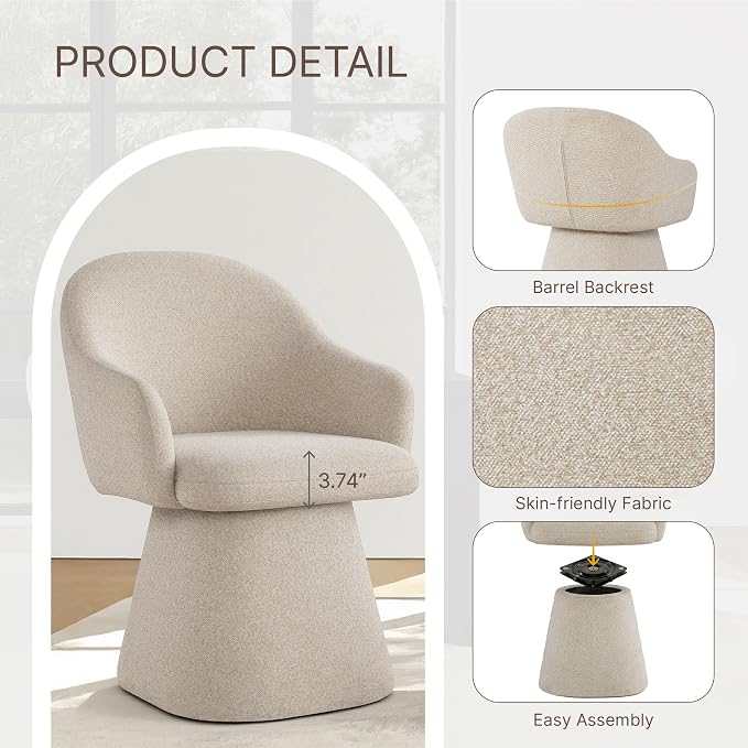 KISLOT Swivel Dining Chairs Set of 1, Upholstered Modern Barrel Dining Chairs with 360° Swivel Base, Chenille Velvet Fabric Accent Kitchen Chairs with Arms, Padded Dining Room Chairs, Sand
