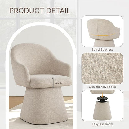 KISLOT Swivel Dining Chairs Set of 2, Upholstered Modern Barrel Dining Chairs with 360° Swivel Base, Chenille Velvet Fabric Accent Kitchen Chairs with Arms, Padded Dining Room Chairs, Sand