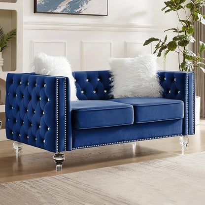 60" Chesterfield Sofa, Velvet Mid-Century Modern Upholstered Loveseat Sofa with 2 Throw Pillows and Acrylic Legs, Nailhead Button Tufted Vintage Couch for Living Room, Apartment, Blue