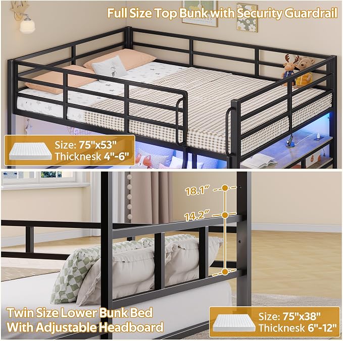 busyaeh Bunk Bed Full Over Twin,Low Bunk Bed with 8 Drawers & 4 Shelves | Bunk bed with Desk,15" H Safety Guardrail,& LED Lights and Charging Station,L-Shaped Bunk Beds with Stairs, Oak Gray