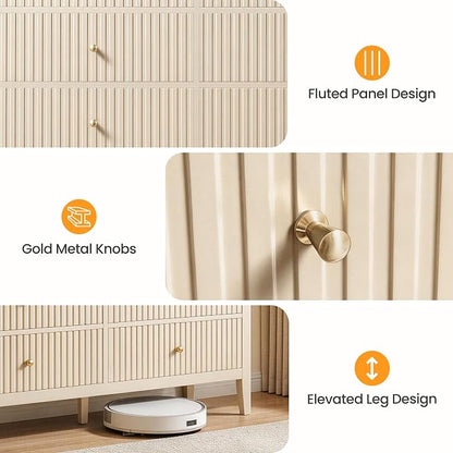 RoyalCraft Beige 6 Drawer Dresser, Fluted Modern Wood Chest of Drawers, Long Dresser for Bedroom TV Stand Storage Cabinet for Living Room