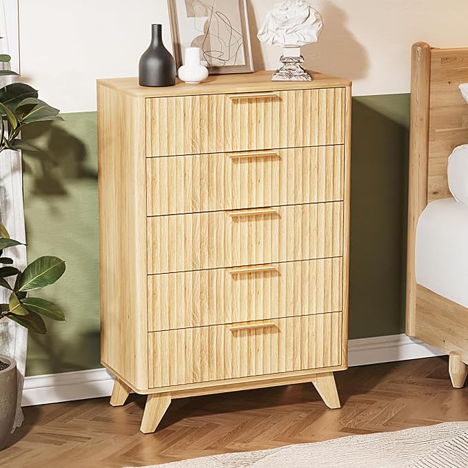 VINGLI Tall Dresser for Bedroom, Fluted Dresser Vertical Chest of Drawers, Tall Chest of Drawers Bedroom with Rounded Edges, 29.92" W*15.6" D*44.88" H