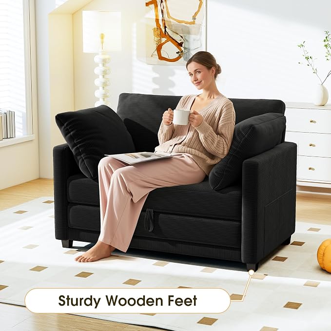 Myroyalsit 51" Convertible Loveseat Sofa Bed, 2-in-1 Folding Sofa Bed with 2 Pillow for Small Spaces, Modern Loveseat Sleeper Couch for Apartment, Living Room & Guest Room (Black Corduroy, 51 inch)