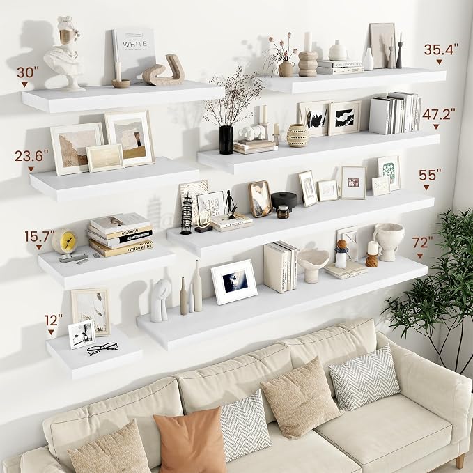 Vivelove 30x12 Inch Floating Shelves for Wall, 12 Deep Shelves for Room Wall Mounted, 2" Thick Floating Shelf for Living Room Bedroom Bathroom Kitchen Laundry Room, Set of 2 White