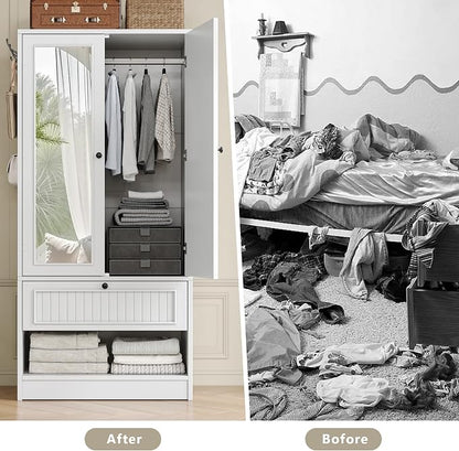 Einhomn 70" Armoire Wardrobe Closet with Doors & Mirror,Wooden Wardrobe with Drawers and 3 Side Hooks,Large Freestanding Bedroom Storage Wardrobe Cabinet,White