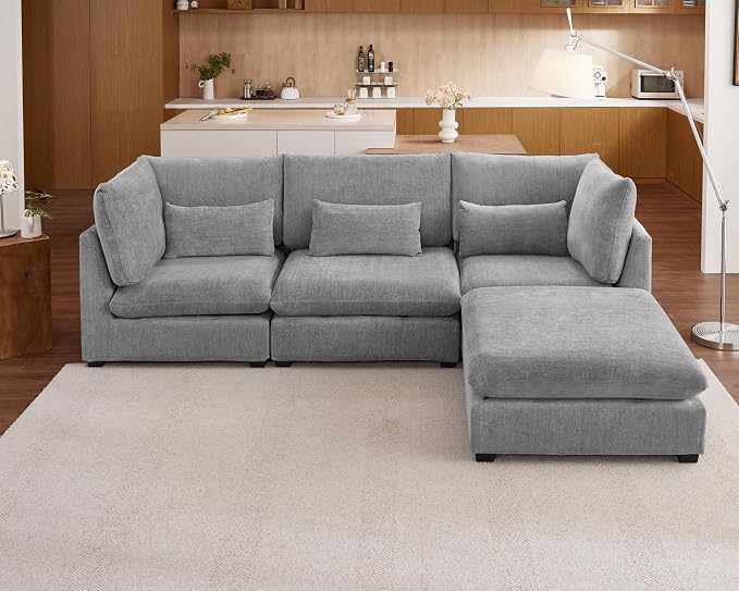 115" Oversized Chenille Couch Modular Sectional Sofa, Washable Cloud Couch Sectional with Ottoman, 4 Seater Sectional Couches for Living Room, Fully Cover Removable, L Shaped, Chenille, Grey