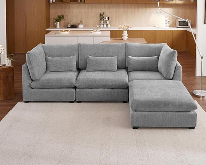 115" Oversized Chenille Couch Modular Sectional Sofa, Washable Cloud Couch Sectional with Ottoman, 4 Seater Sectional Couches for Living Room, Fully Cover Removable, L Shaped, Chenille, Grey