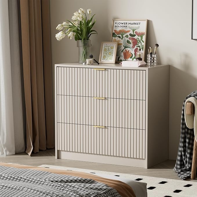 Furniway Beige Dresser for Bedroom, Modern Dresser with 3 Drawers and Smooth Slides, Wide Chest of Drawers with Golden Handles for Bedroom, Living Room, Closet, 15.7" D x 31.5" W x 29.6" H