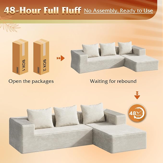 WLIVE 104'' Cloud Sectional Couches for Living Room, Modular Boneless Couch with Left Facing Chaise, L Shape Memory Foam Corduroy, with Cushion, Beige