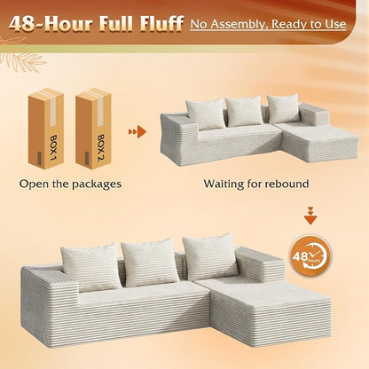 WLIVE 104'' Cloud Sectional Couches for Living Room, Modular Boneless Couch with Left Facing Chaise, L Shape Memory Foam Corduroy, with Cushion, Beige