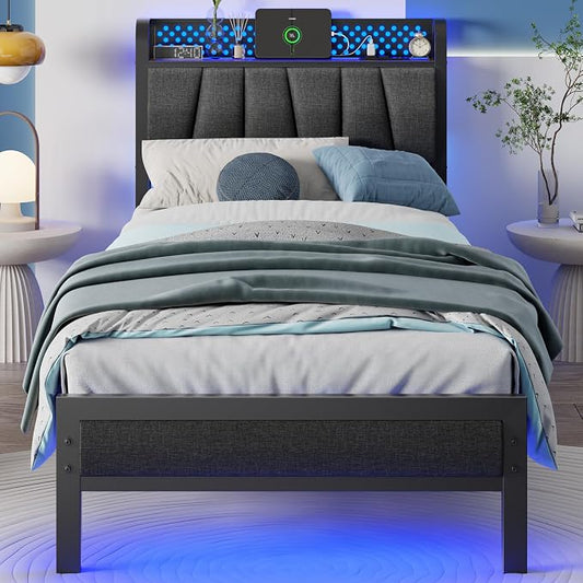 Furnulem Twin Bed Frame with LED Light and Charging Station, Grey Upholstered Storage Headboard with Shelf, Metal Platform Bed with Heavy Duty Slats, No Box Spring Needed, Noise Free & Easy Assembly