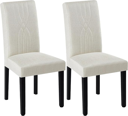 VECELO Upholstered Dining Chairs Set of 2, Modern Fabric and Solid Wood Legs & High Back for Kitchen/Living Room- Beige
