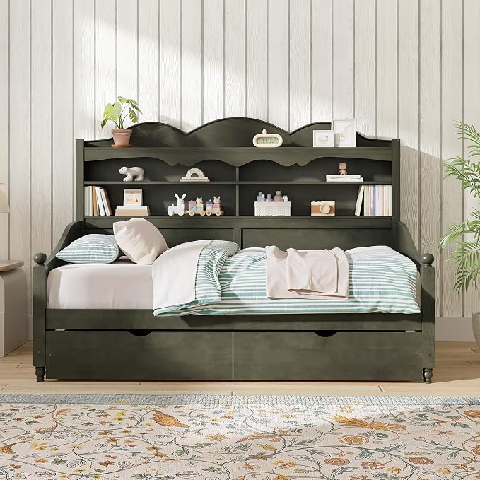 Merax Twin Daybed with Storage Drawers, Wood Twin Day Bed with 3-Tier Storage Headboard Shelves, Retro Style Twin-Size Daybed for Bedroom Guest Room, No Box Spring Needed, Easy Assembly, Grey