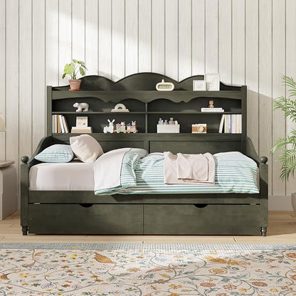 Merax Twin Daybed with Storage Drawers, Wood Twin Day Bed with 3-Tier Storage Headboard Shelves, Retro Style Twin-Size Daybed for Bedroom Guest Room, No Box Spring Needed, Easy Assembly, Grey