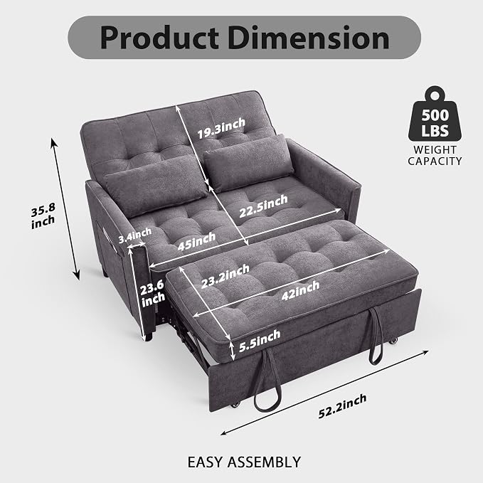 Convertible Sofa Bed, 3 in 1 Pull Out Couch, Loveseat Sleeper with Side Pocket, Sleeper Sofa with Adjustable Backrest | USB Charging Port | Two Pillows | Fabric | Light Grey