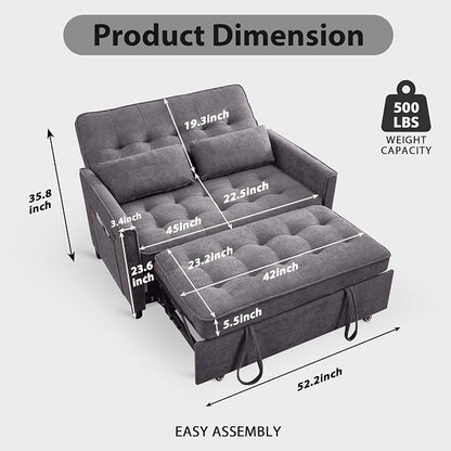 Convertible Sofa Bed, 3 in 1 Pull Out Couch, Loveseat Sleeper with Side Pocket, Sleeper Sofa with Adjustable Backrest | USB Charging Port | Two Pillows | Fabric | Light Grey