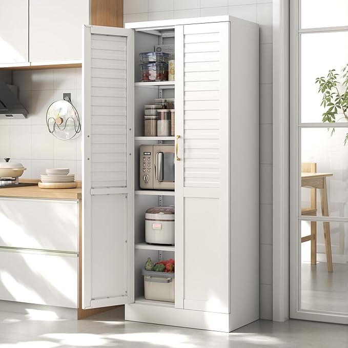 LEYNOT 71 inch Tall Kitchen Pantry Cabinet,Metal Storage Cabinet with 4 Adjustable Shelves,Freestanding Cupboard for Canned Food,Snacks,Small Appliances(White)