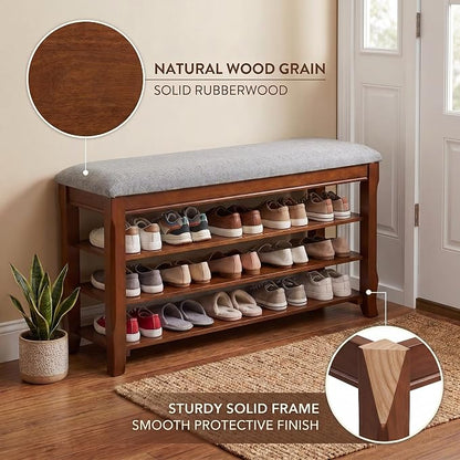 SolidWood Entryway Shoe Storage Bench, Flip-Top Soft-Close Lid, Adjustable Shelves, Cushioned Entryway Shoe Rack Organizer,Hallway, Closet, Foyer 39.4''