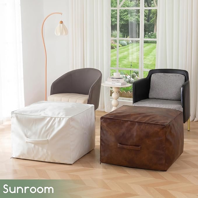 HIGOGOGO Square Stuffed Pouf Ottoman, Pu Leather Poufs with Foam Chunk Filling, Furry and Fluffy Pouf Foot Stool Storage Ottoman,26x18 Inches Floor Poufs Foot Rest for Living Room, Beige